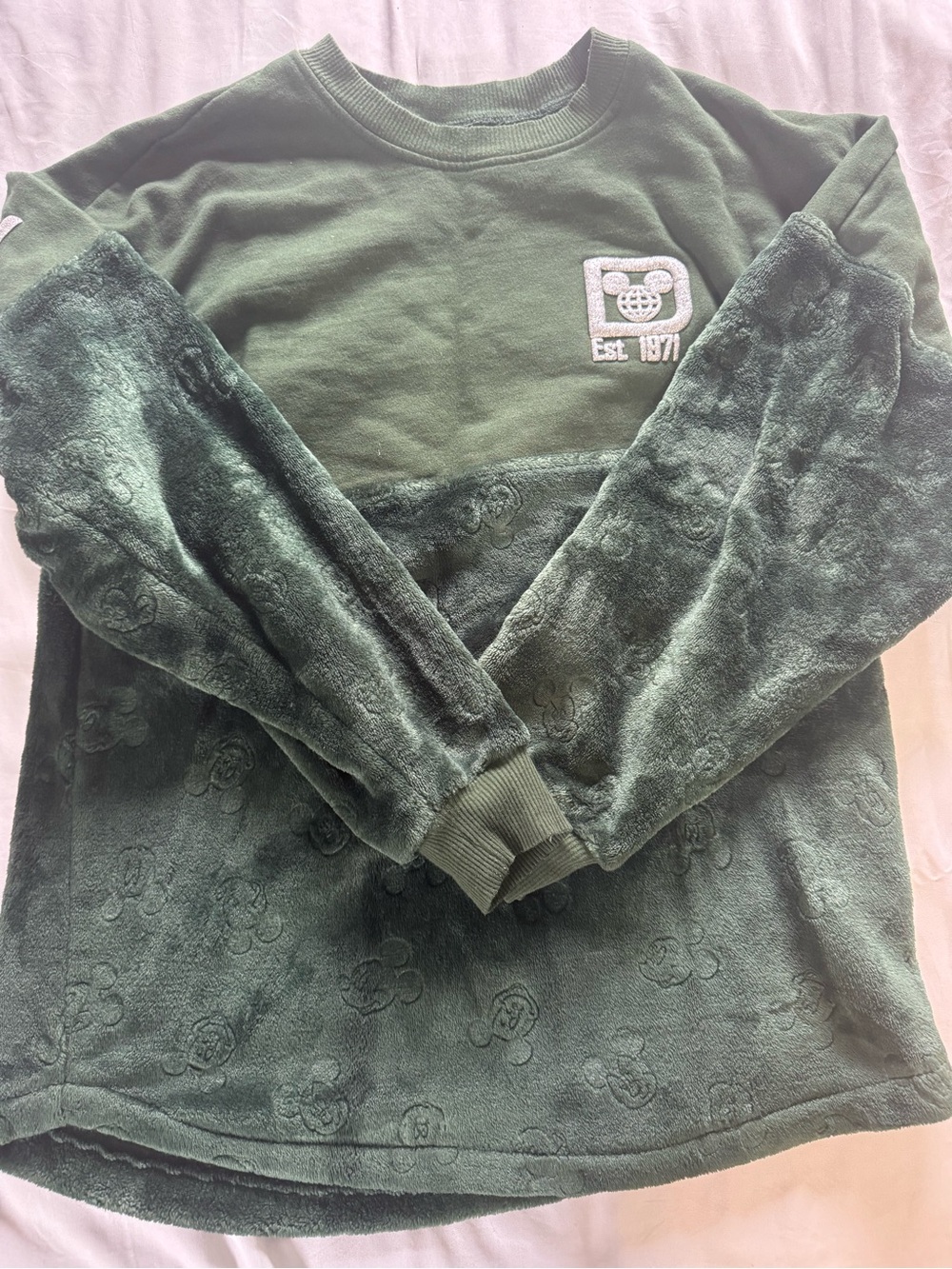 Disney Dark Green Plush Sweatshirt with Silver Embroidered Logo